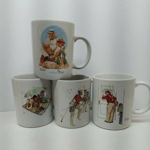 Norman Rockwell Coffee Mugs Cups 1987 Museum Collections Set Of 4 Fishing Theme!